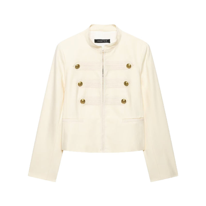 Damen Cropped Militärblazer mit Stehkragen, Zierstreifen und goldenen Statementknöpfen Drune