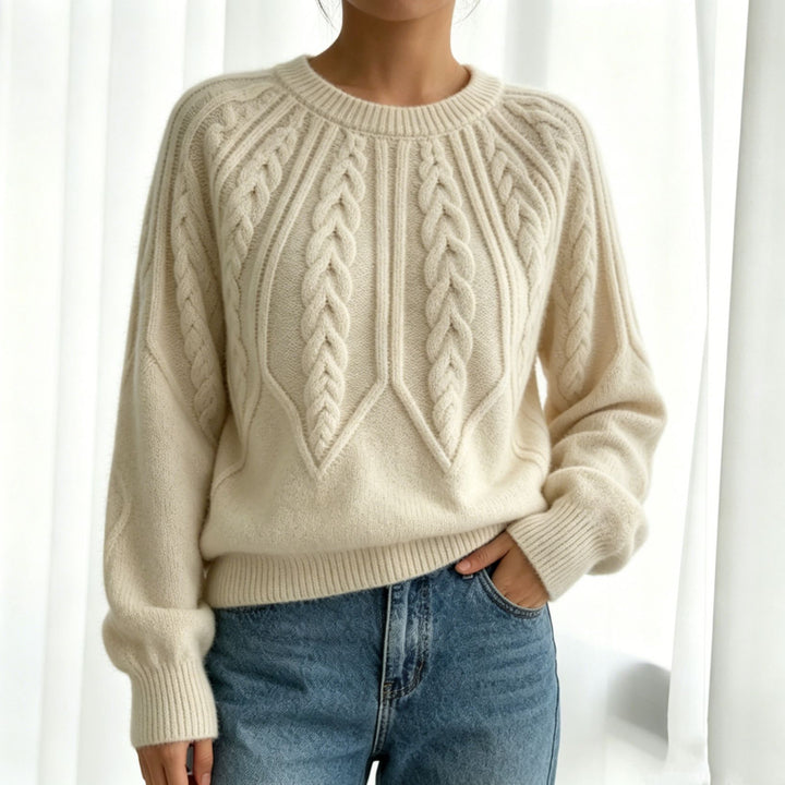 Damen kurzgeschnitteter Grobstrick-Zopfpullover mit Ballonärmeln Drune