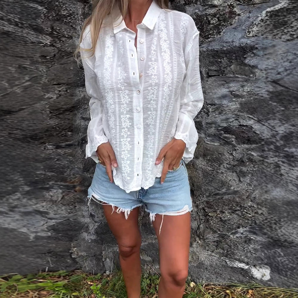 Damen nan bestickte Hemdbluse mit floraler Ajour-Stickerei, Perlmuttknopfleiste und legerer Oversize-Passform Drune