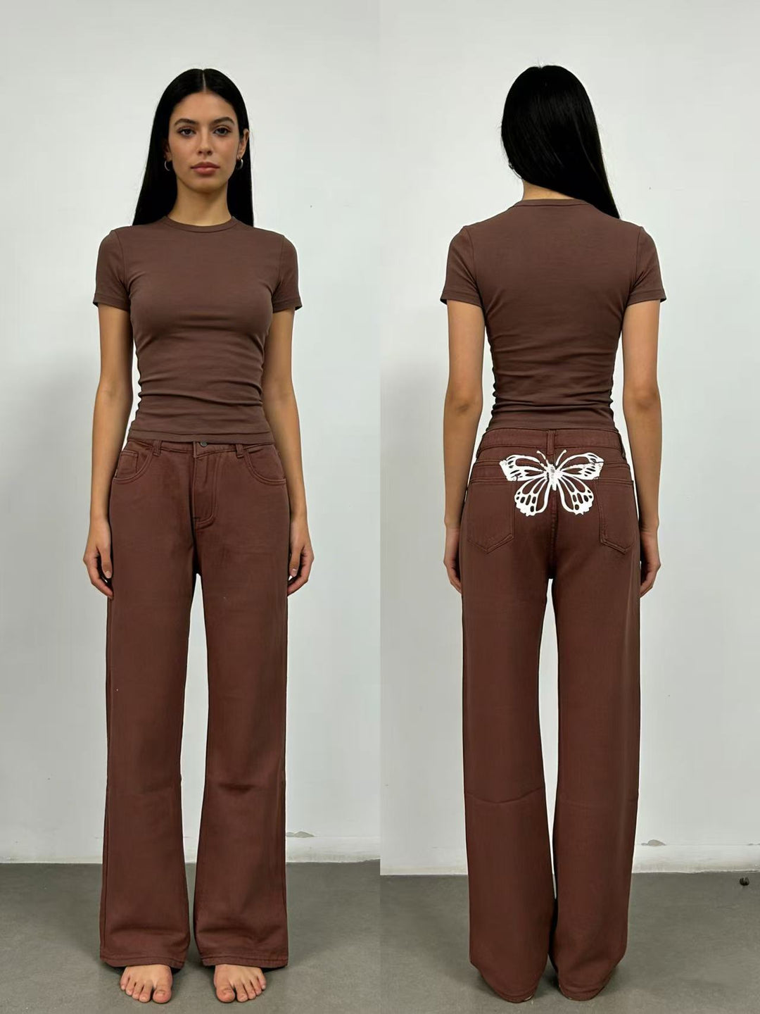 Damen Weite Jeans mit kunstvollem Schmetterlingsdesign Drune