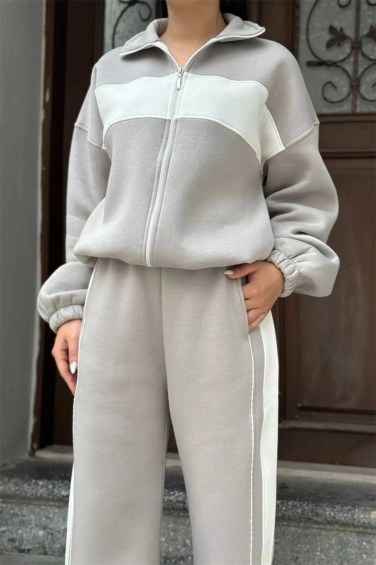 Damen Komfortables Campus-Lounge-Set mit kurzem Reißverschluss-Top und Seitenstreifen-Jogger Drune