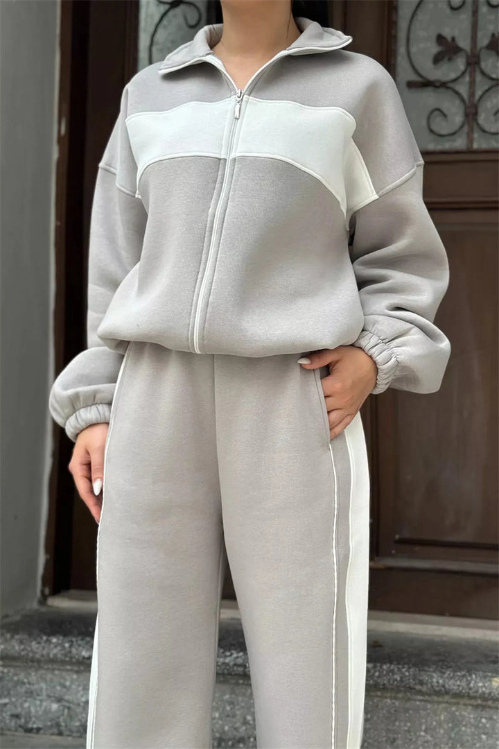 Damen Komfortables Campus-Lounge-Set mit kurzem Reißverschluss-Top und Seitenstreifen-Jogger Drune