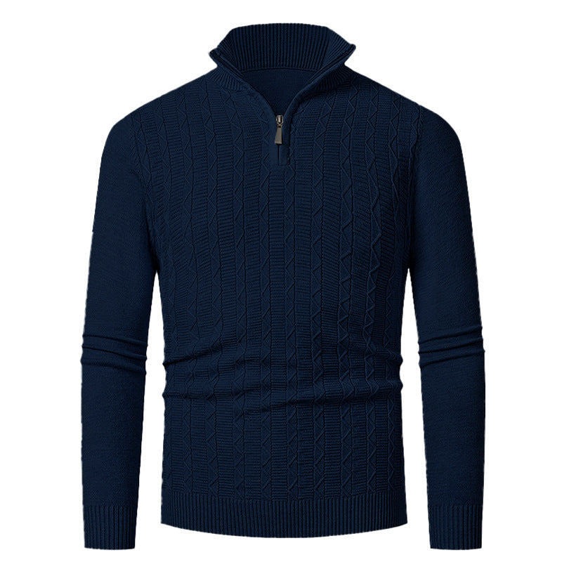 Herren Enganliegender Halbzip-Strukturpullover aus Merino‑Mix mit Zopfmuster und Stehkragen Drune