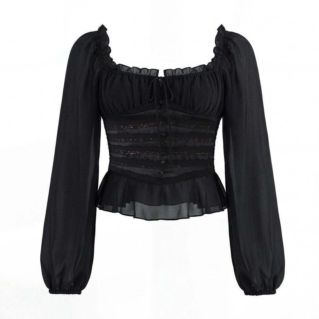 Damen Corsagenbluse mit Spitzen‑Corsage, gerafftem Dekolleté und Volantsaum Drune