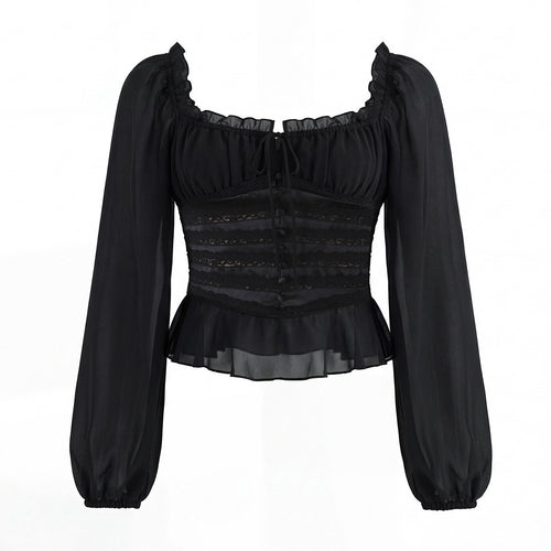 Damen Corsagenbluse mit Spitzen‑Corsage, gerafftem Dekolleté und Volantsaum Drune