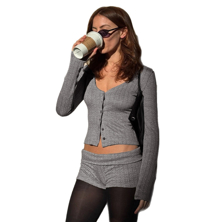 Damen nan geripptes Lounge-Set mit U-Ausschnitt Cropped-Cardigan und Highwaist-Shorts Drune