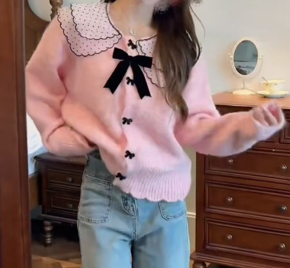 Damen Strickjacke mit nostalgischem Kragen und Schleifenverzierung Drune