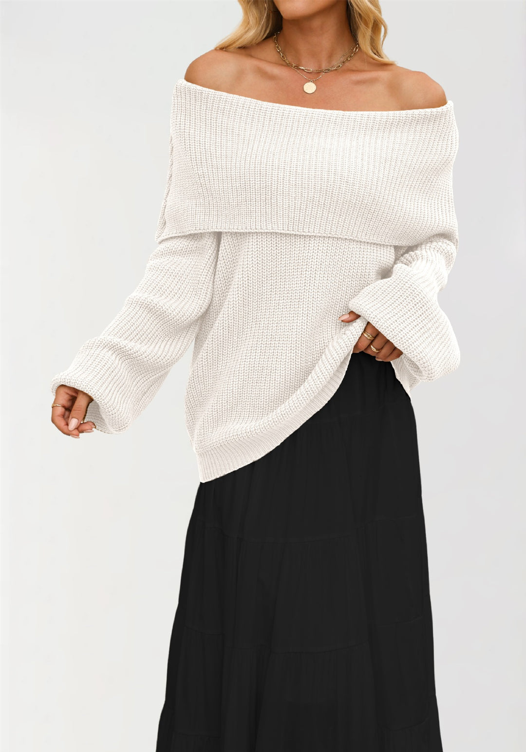 Damen Off-Shoulder Strickpullover mit strukturierter Oberfläche Drune