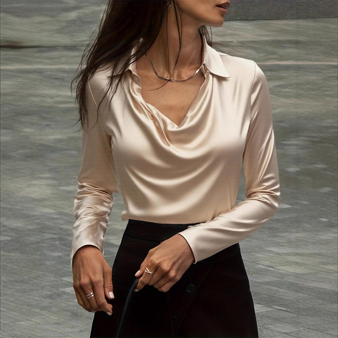 Damen Satinbluse mit Wasserfallkragen und Hemdkragen Drune