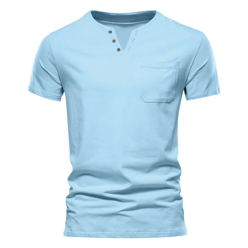Herren nan tailliertes Kurzarm-Henleyshirt mit Brusttasche und asymmetrischer Knopfleiste Drune