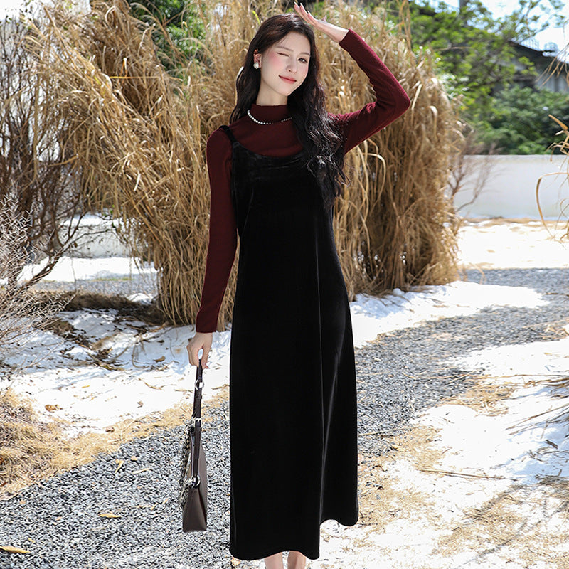 Damen nan elegantes Samt-Camisole-Maxikleid mit schmalen Trägern, geradem Fall und fließender Silhouette Drune