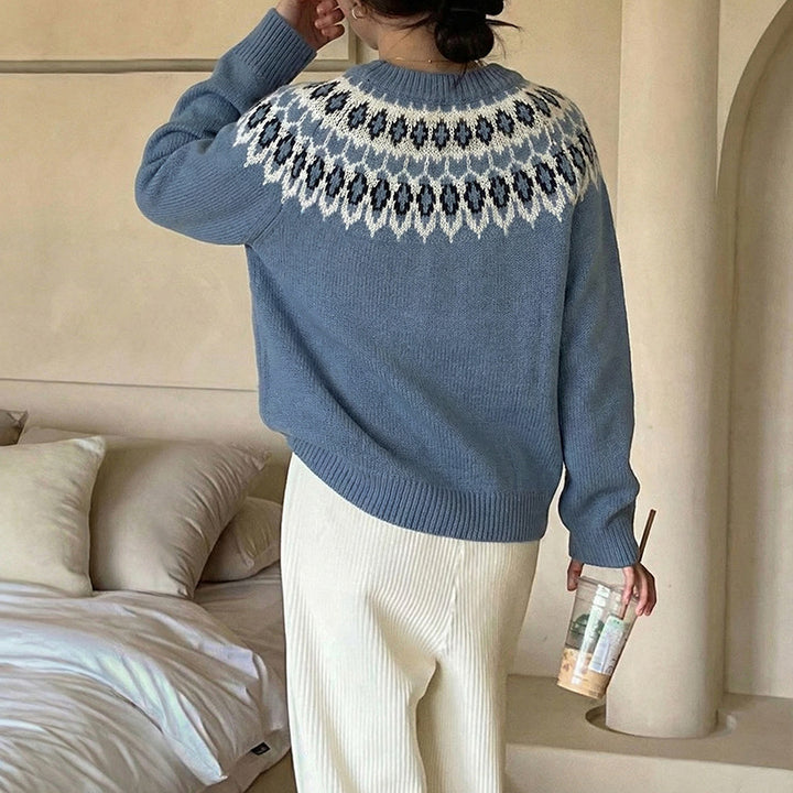 Damen Rundhals-Pullover mit Jacquard-Yoke und Relaxed-Fit Drune