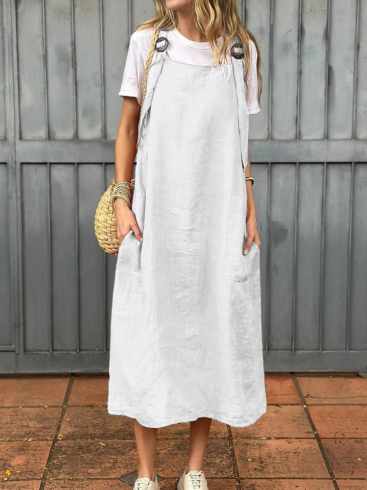 Damen lässiges Leinenkleid mit praktischen Taschen und verstellbaren Trägern Drune