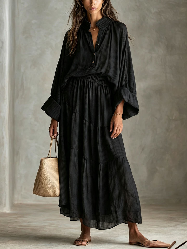 Damen Maxikleid mit geraffter Taille, Stehkragen und voluminösen Ballonärmeln Drune