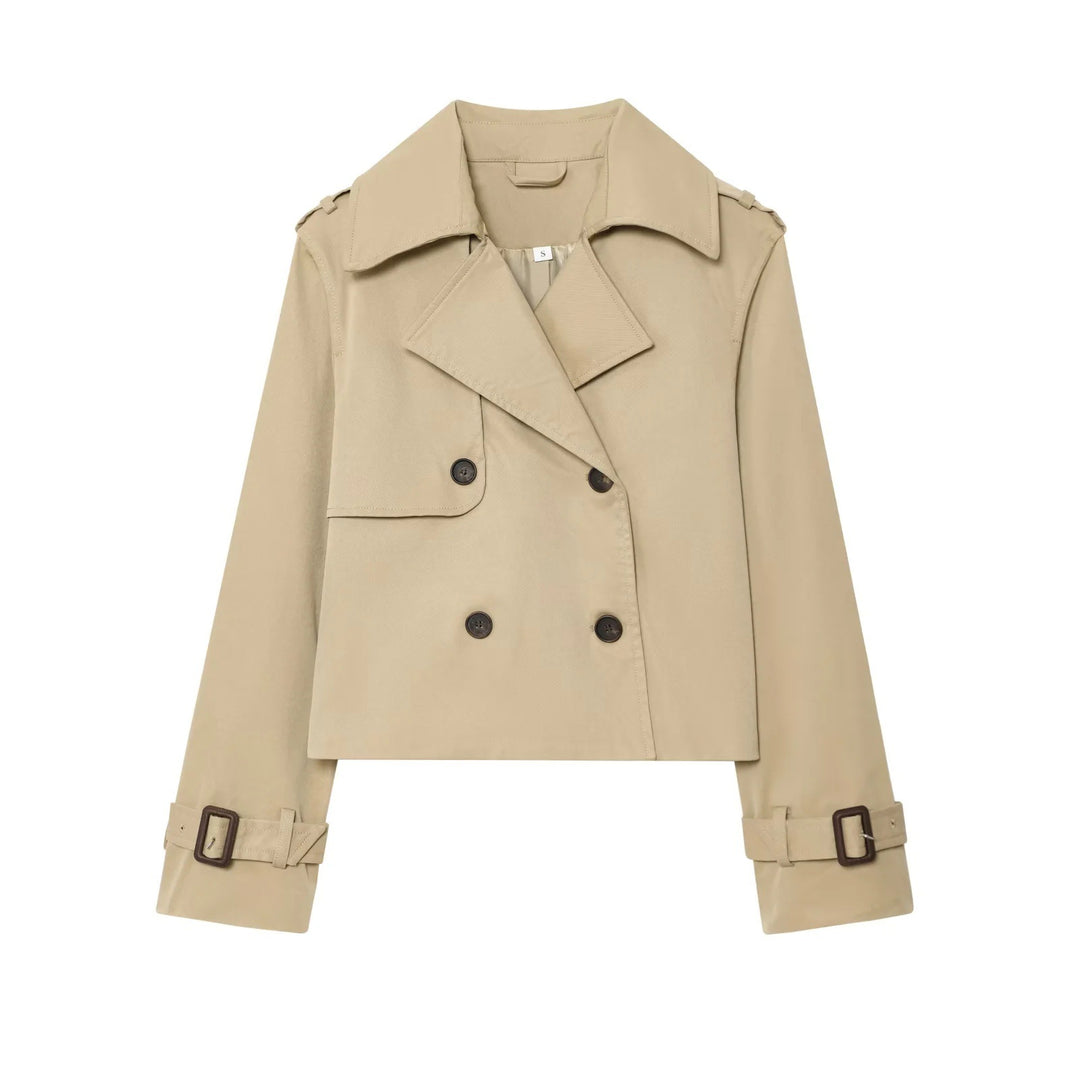 Damen modische Kurztrenchjacke mit doppelter Knopfreihe und Gürtel Drune
