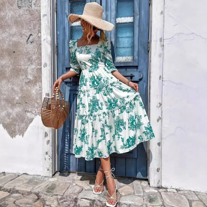 Damen Midikleid mit voluminösen Puffärmeln und floralem Design Drune
