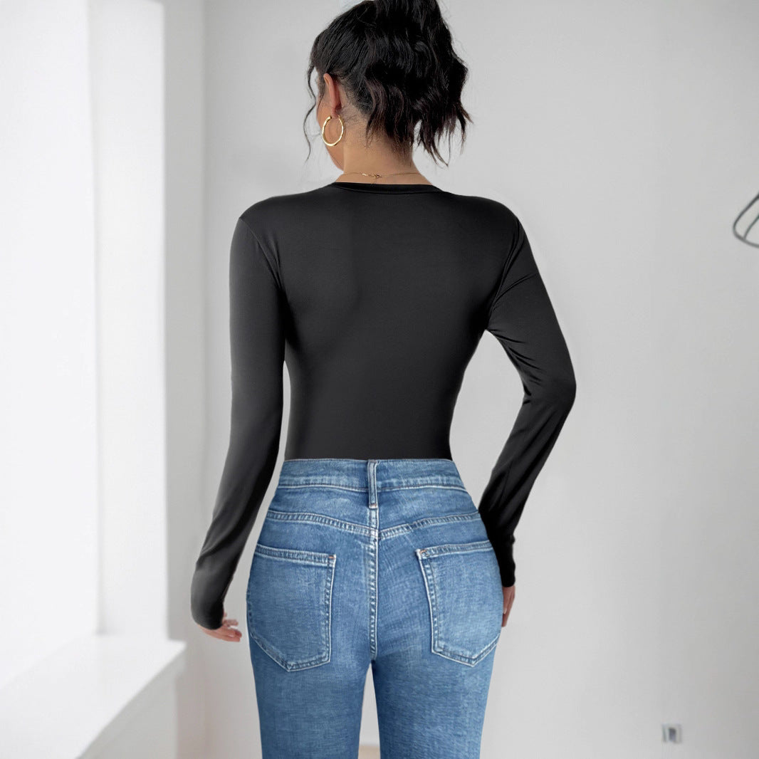 Damen Figurbetonter Langarm-Body mit dreidimensionalen Rosenapplikationen Drune
