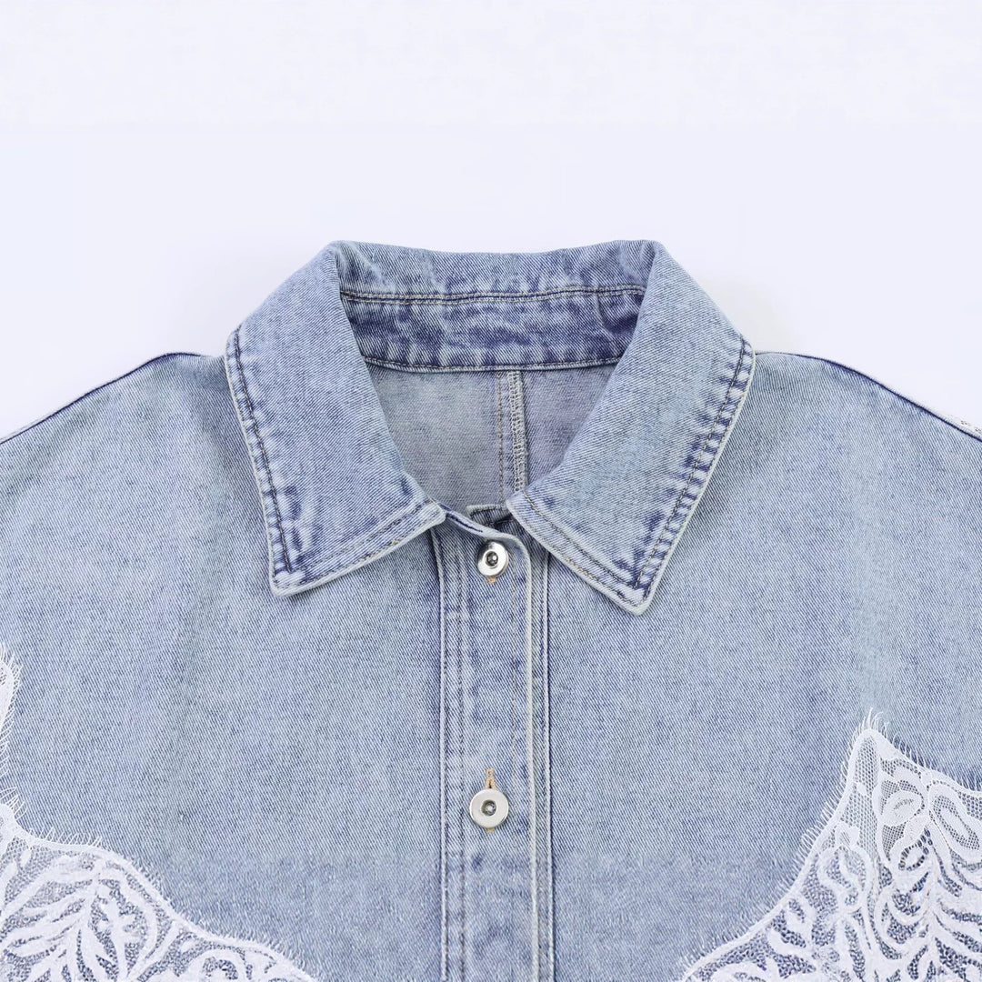 Damen Kurz geschnittene Jeansjacke mit Spitzenapplikation und Oversize-Kimonärmeln Drune