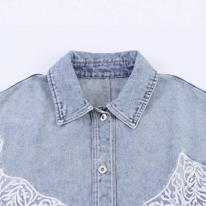 Damen Kurz geschnittene Jeansjacke mit Spitzenapplikation und Oversize-Kimonärmeln Drune