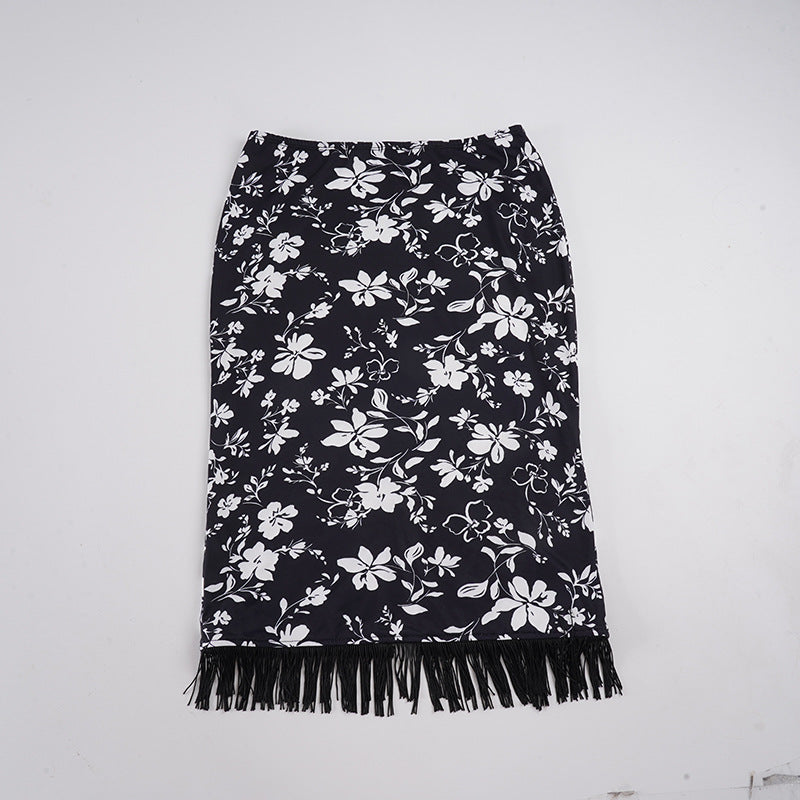 Damen Midirock Bleistiftrock mit floralem Print und Fransenbesatz Drune