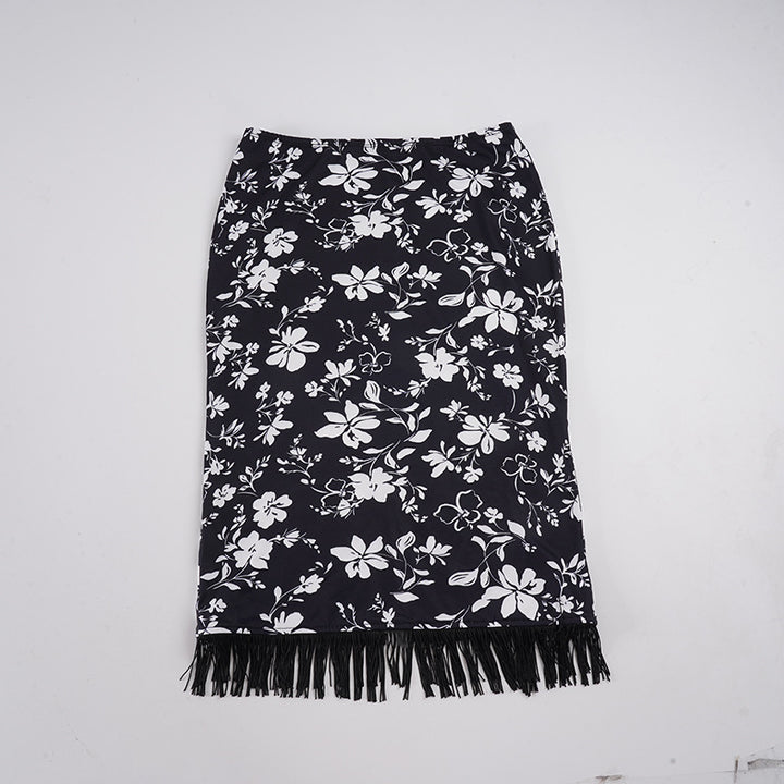 Damen Midirock Bleistiftrock mit floralem Print und Fransenbesatz Drune