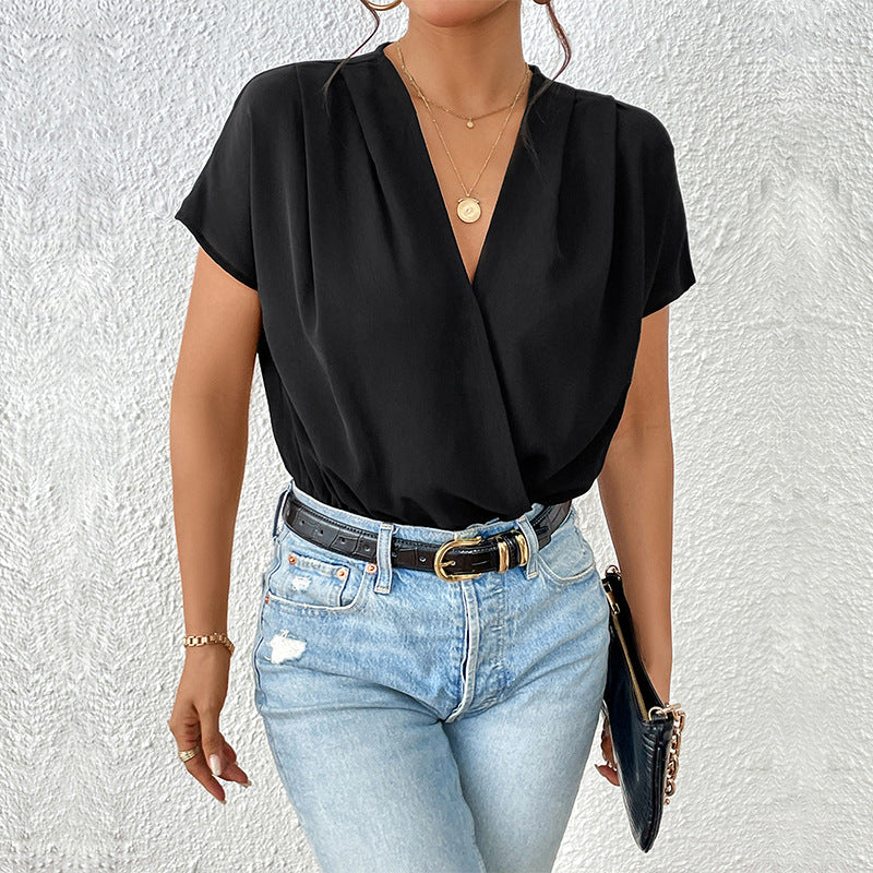Damen Body mit eleganter Wickeloptik und kurzen Ärmeln Drune