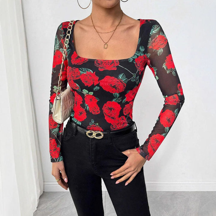 Damen nan figurnahes Stretchshirt mit quadratischem Ausschnitt, feiner Meshstruktur und großflächigem Rosenprint Drune