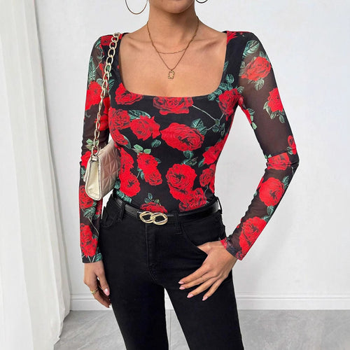 Damen nan figurnahes Stretchshirt mit quadratischem Ausschnitt, feiner Meshstruktur und großflächigem Rosenprint Drune