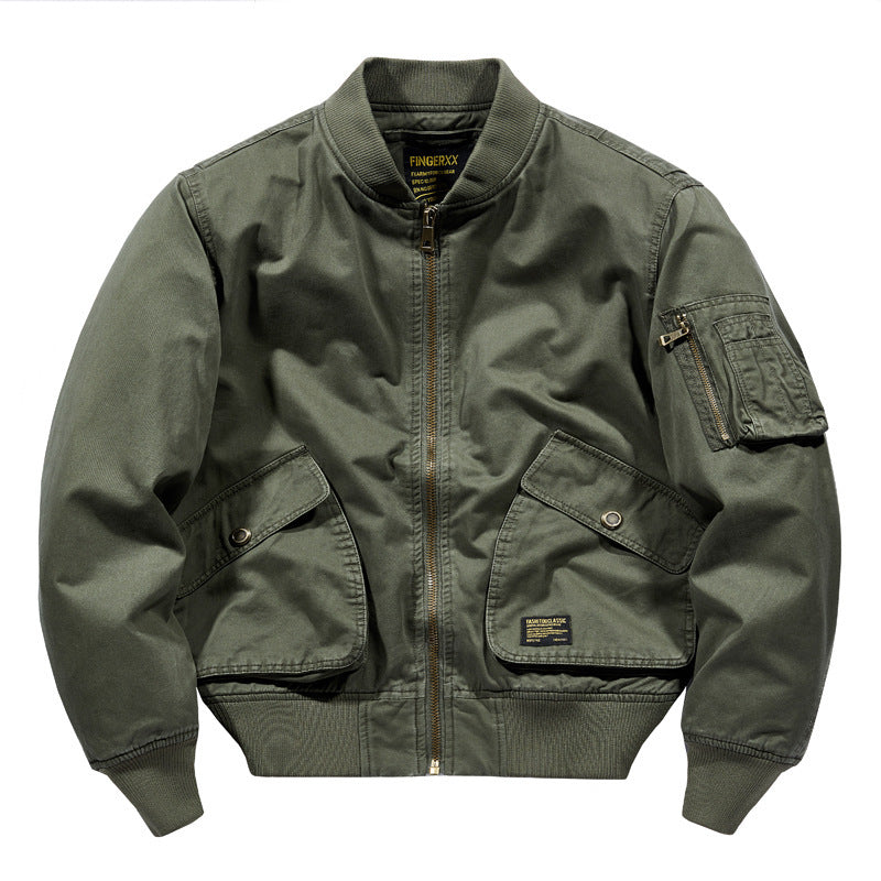Herren Kurz geschnittener Canvas-Bomber mit Doppel-Frontklappentaschen und Ärmeltasche Drune