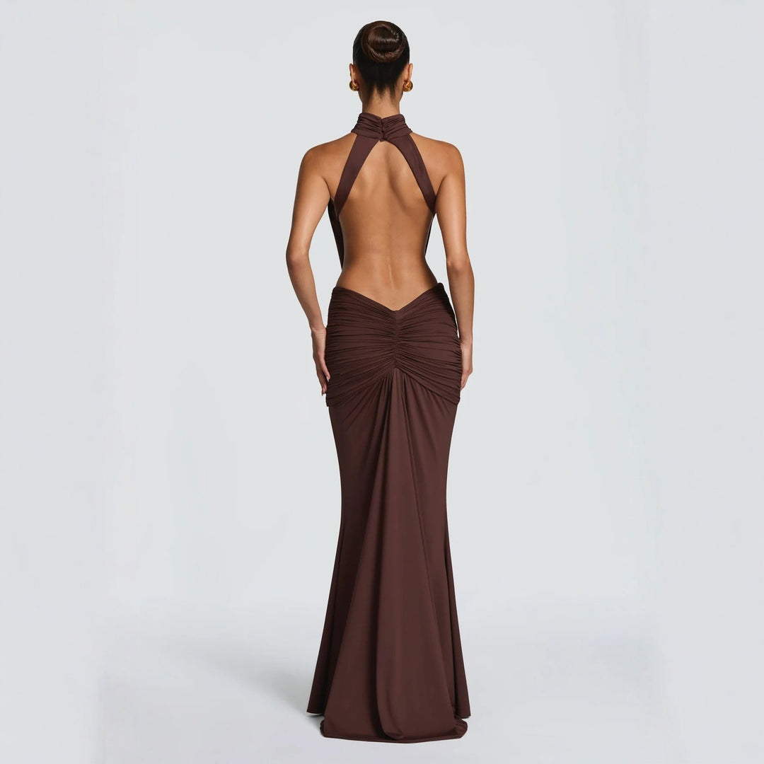Damen Figurbetontes Abendkleid mit Raffungen und hochgeschlossenem Kragen Drune