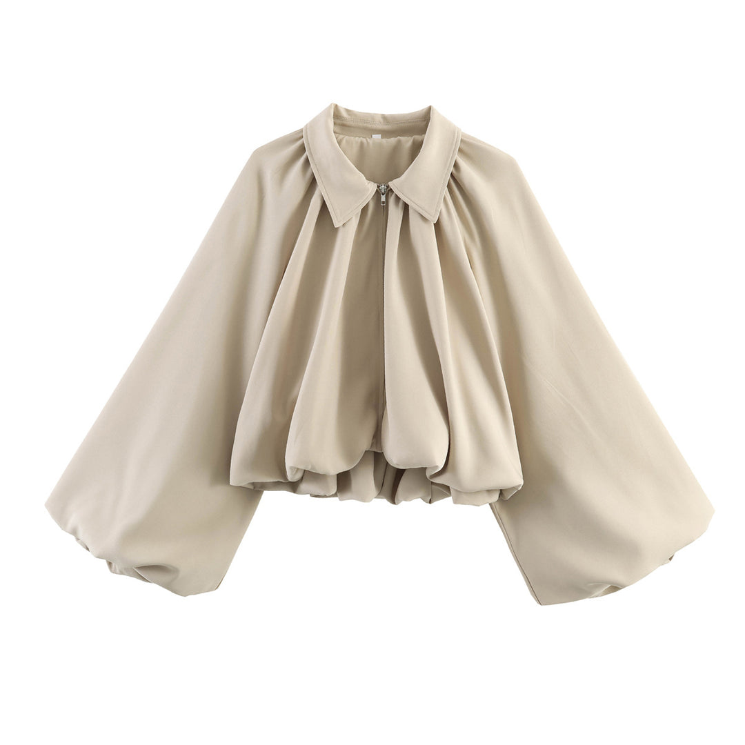 Damen Kurze Cape-Jacke mit voluminösen Ballonärmeln, Stehkragen und Reißverschluss Drune