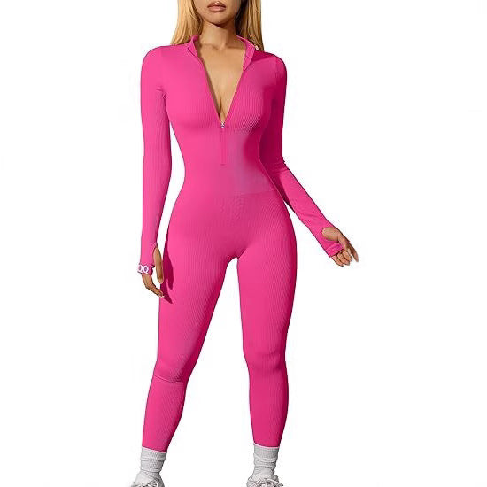 Damen nan figurbetonter Ripp-Jumpsuit mit hohem Halsausschnitt, langem Arm und sculptender Nahtführung Drune