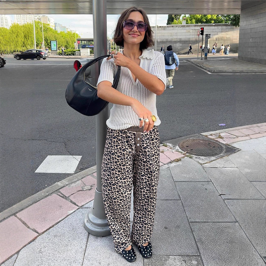Damen lässige Palazzo-Hose mit Leopardenmuster und elastischem Bund Drune