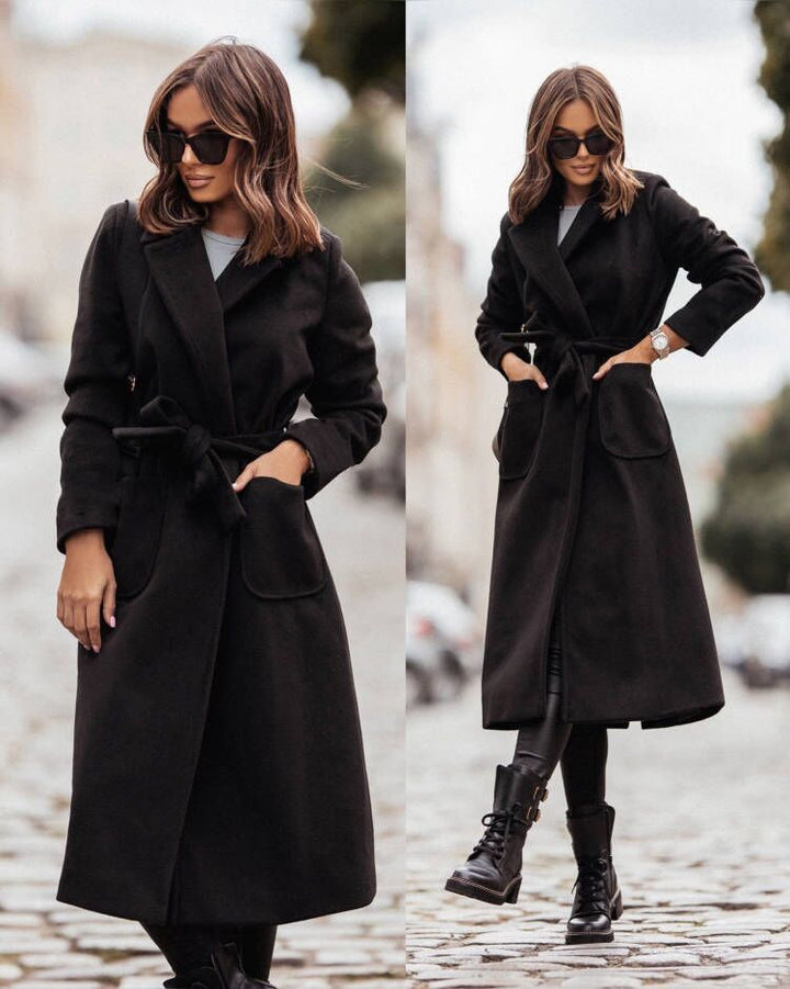Damen Eleganter Wickel-Mantel mit praktischen Taschen und taillierbarem Gürtel Drune
