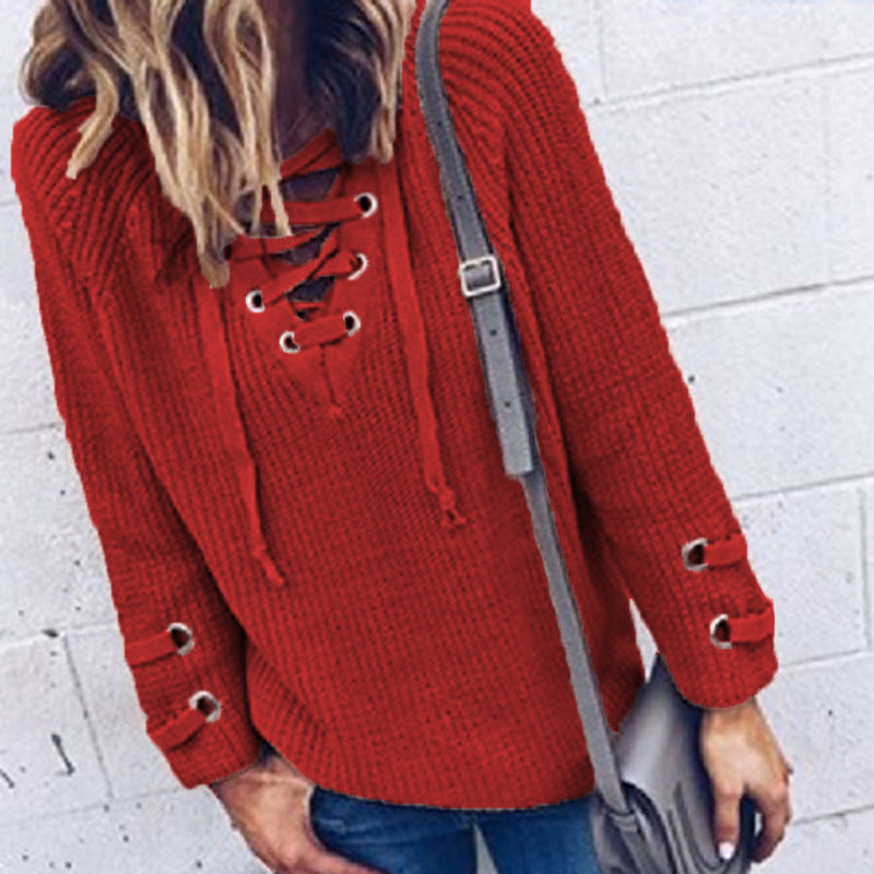 Damen Strickpullover mit Kordelzug und 3/4-Ärmeln Drune