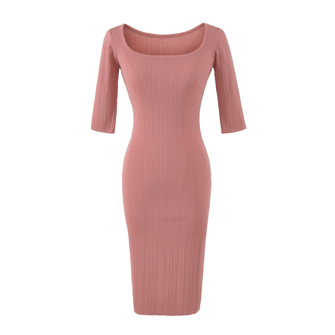 Damen Geripptes Midikleid mit quadratischem Ausschnitt und dreiviertelärmeln Drune