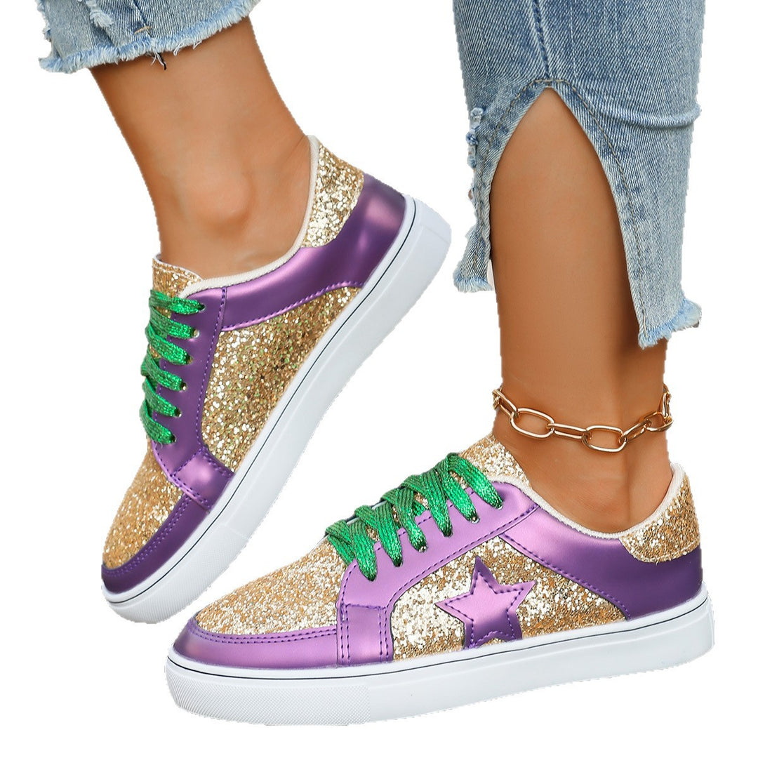 Damen modische Plateausneaker mit Glitzerpanelen, Sternapplikation und gepolsterter Komfortsohle Drune