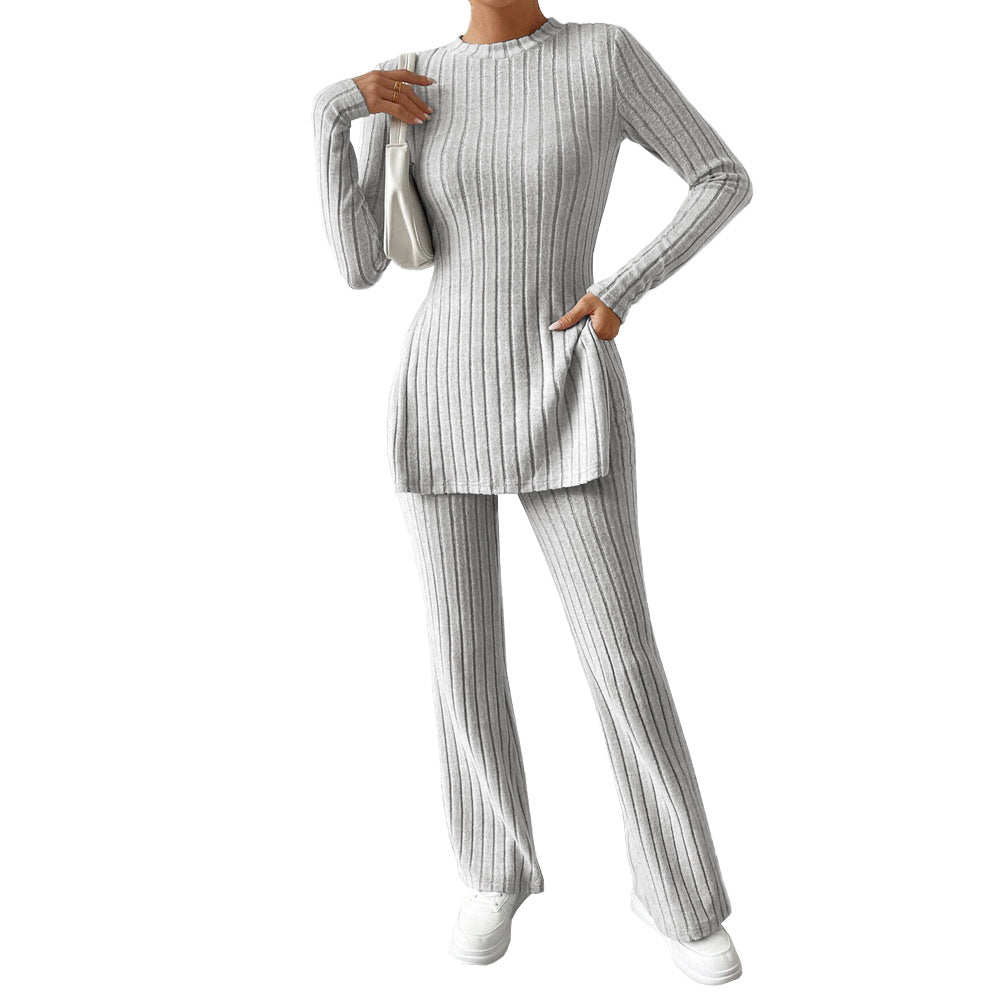 Damen geripptes Feinstrick-Lounge-Set mit seitlicher Saumschlitzen, figurbetontem Longsleeve und weitem Highwaist-Hose Drune