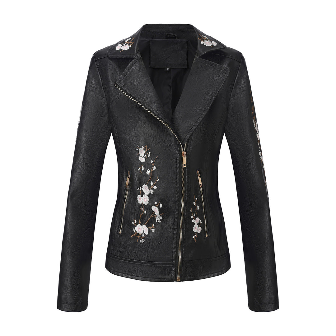 Damen nan bestickte taillierte Kunstleder Bikerjacke mit asymmetrischem Reißverschluss Drune
