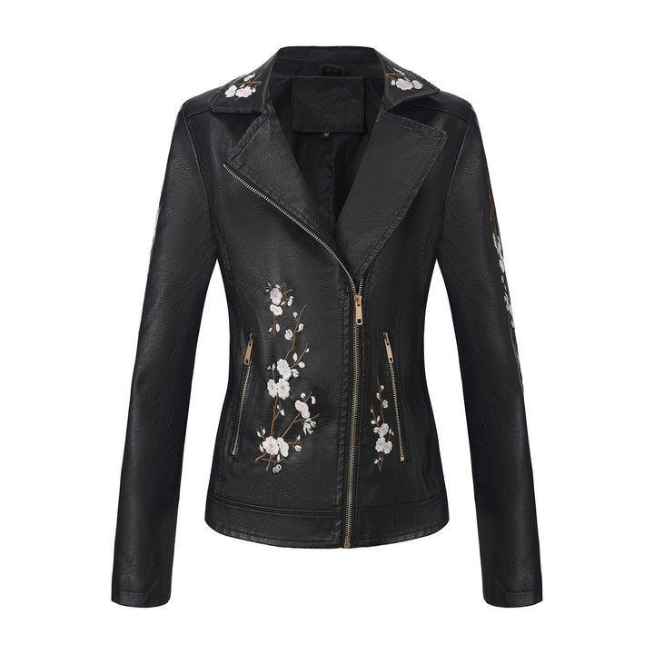 Damen nan bestickte taillierte Kunstleder Bikerjacke mit asymmetrischem Reißverschluss Drune