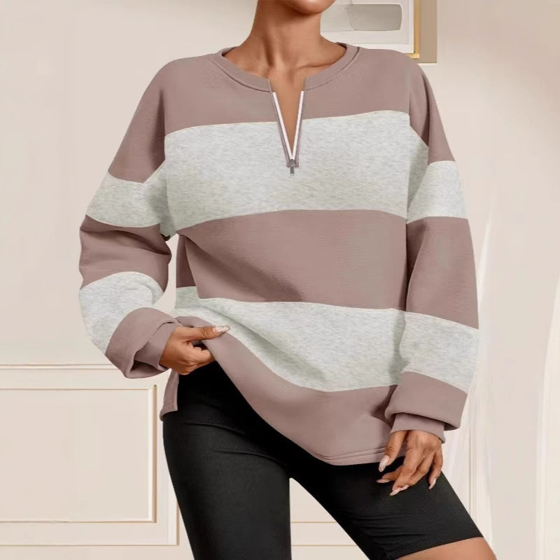Damen Langarm Sweatshirt mit modernem Reißverschluss und gestreiftem Design Drune
