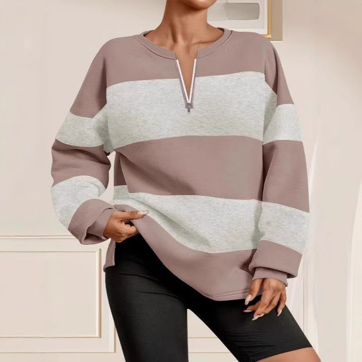 Damen Langarm Sweatshirt mit modernem Reißverschluss und gestreiftem Design Drune