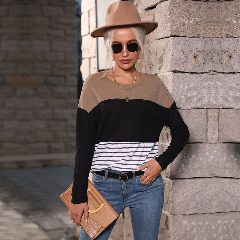Damen Leichtes Rundhals‑Strickshirt mit Waffelstruktur‑Schulter und maritimem Streifenbund Drune