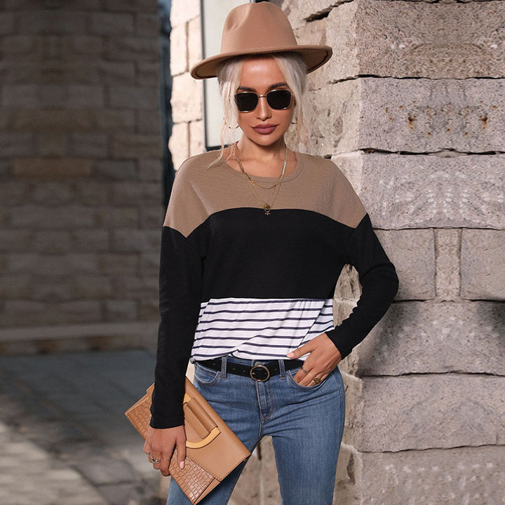 Damen Leichtes Rundhals‑Strickshirt mit Waffelstruktur‑Schulter und maritimem Streifenbund Drune