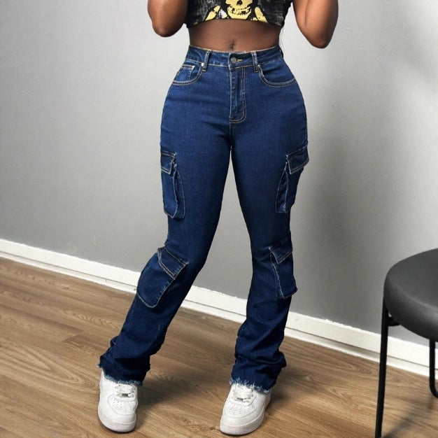Damen Hochtaillierte Cargo-Jeans mit Mehrfach-Pattentaschen & ausgestelltem Saum Drune