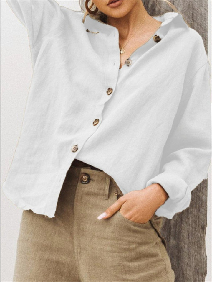 Damen lässige Leinenbluse mit Knopfleiste und weitem Schnitt Drune