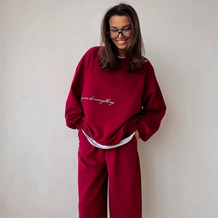 Damen lässiges Lounge-Set aus French-Terry mit oversized Cropped-Sweatshirt und hoher Taillen-Jogginghose Drune