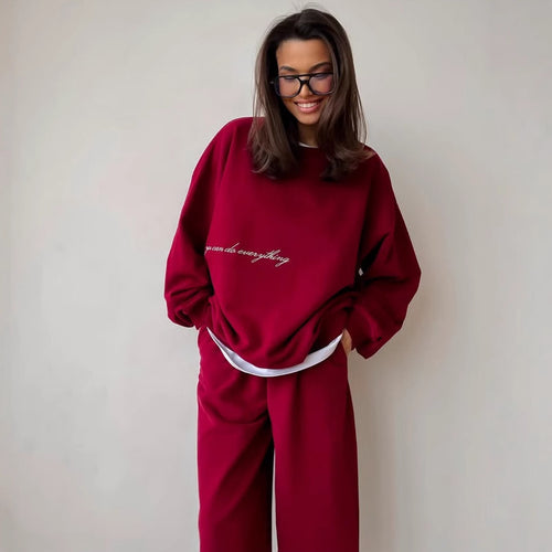 Damen lässiges Lounge-Set aus French-Terry mit oversized Cropped-Sweatshirt und hoher Taillen-Jogginghose Drune