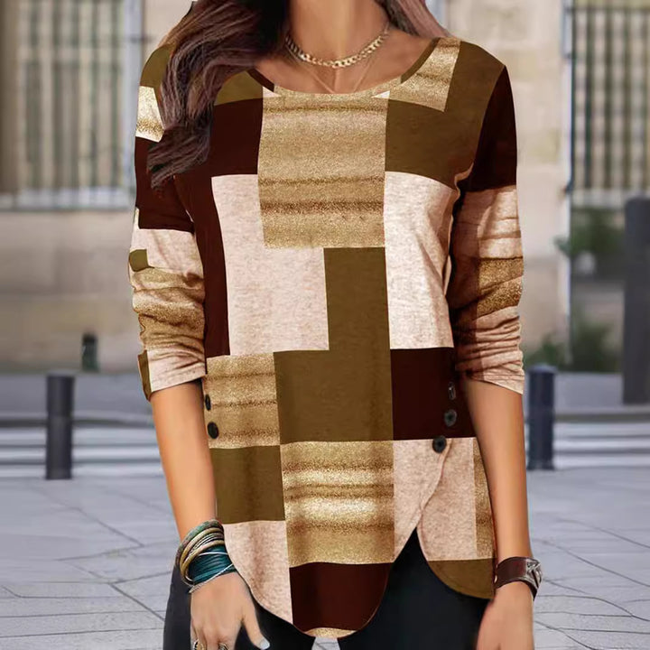 Damen gemustertes Langarm-Tunika-Shirt mit asymmetrischem Saum und dekorativer Knopfleiste Drune