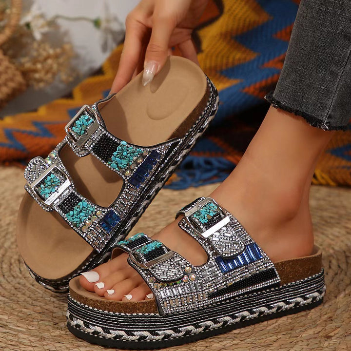 Damen bequeme Sandalen mit dekorativen Steinen und breiten Riemen Drune